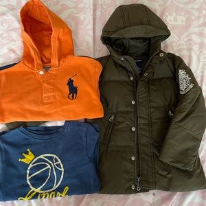Polo ralph lauren down jacket, hoodie and baby gap tee